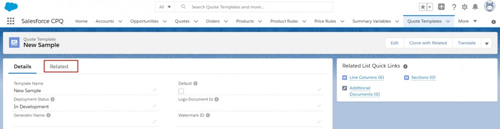 Salesforce CPQ Quote Template Details and Related Tab